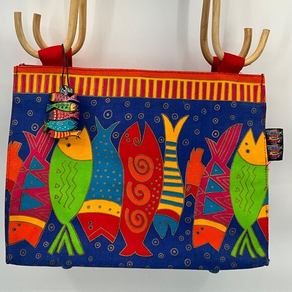 Laurel Burch Colorful Fish Canvas Tote Bag With Wooden Handles & Charm - Picture 3 of 9